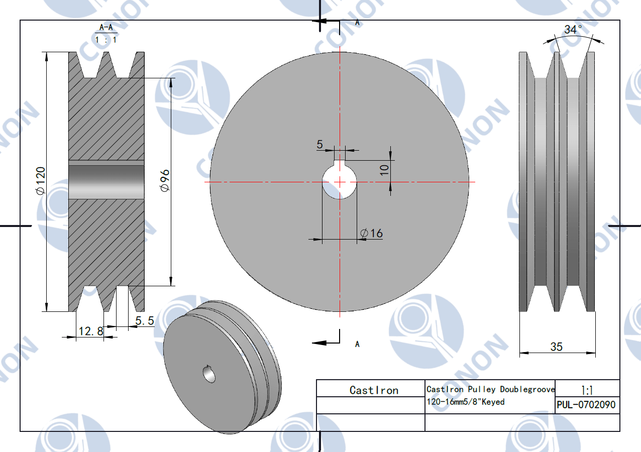 Double groove Pulley 120mm shaft size 5/8" 16mm bore Cast Iron screw V Section A