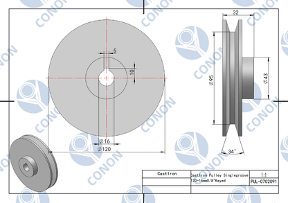 Single groove Pulley 120mm shaft size 5/8" 16mm bore Cast Iron screw V Section A