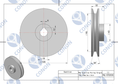 Single groove Pulley 120mm shaft size 19mm for electric motor Cast Iron Made