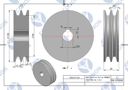 Double groove  Pulley 120mm shaft size 24mm for electric motor Cast Iron Made
