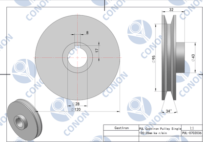 Single groove Pulley 120mm shaft size 28mm for electric motor Cast Iron Made