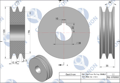 Double groove  Pulley 120mm shaft size 38mm for electric motor Cast Iron Made