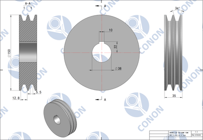 Double groove  Pulley 150mm shaft size 38mm for electric motor Cast Iron Made