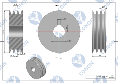 Cast Iron Triple Groove Pulley 150mm shaft size 42mm