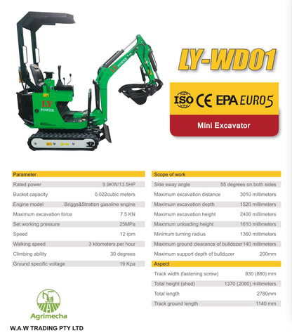 New MINI Excavator 1.0T Breton Gasoline Engine 12HP Green & Blue