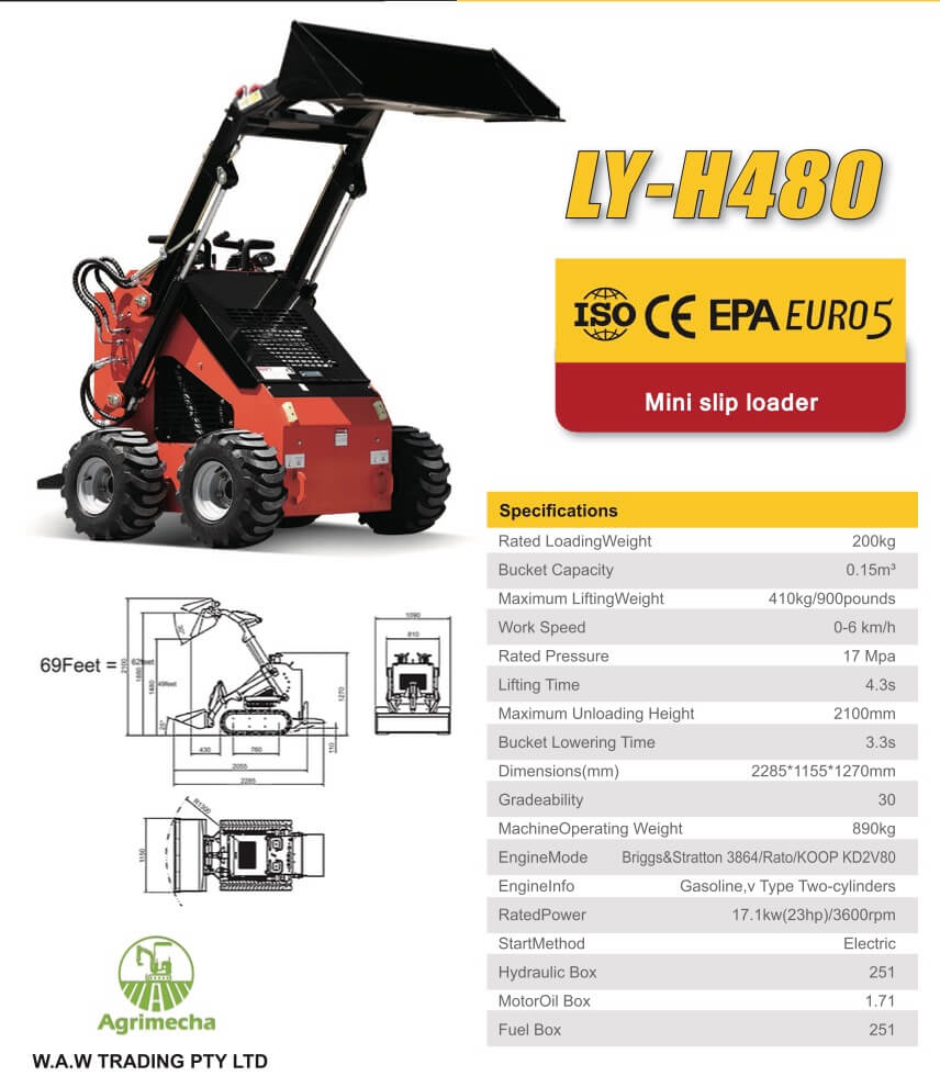 The 480 Mini Skid Steer Loader 23.5 hp is equipped with a Runtone gasoline engin