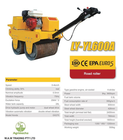 LY-YL600A Walk-behind Gasoline Tandem Roller 9HP Hand-held Tandem Roller