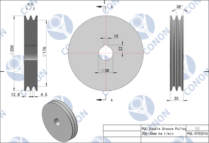 Double groove  Pulley 200mm shaft size 38mm for electric motor Cast Iron Made
