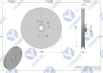 Single groove Pulley 250mm shaft size 25mm for electric motor Cast Iron Made