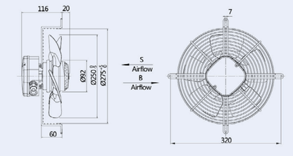 Axial Fan YWF4E 250mm 1 Phase 240V 2850rpm suction 2 pole Evaporate Refrigerated
