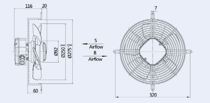 Axial Fan YWF4E 250mm 1 Phase 240V 1400rpm suction 4 pole Evaporate Refrigerated