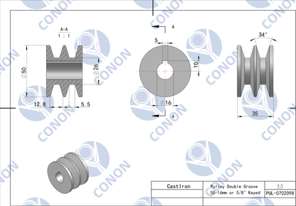 Double groove Pulley 50mm shaft size 16mm for electric motor Cast Iron Made