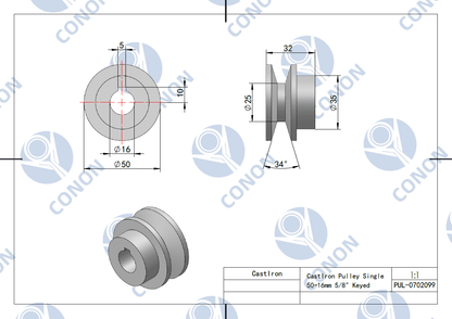 Single groove Pulley 50mm shaft size 16mm for electric motor Cast Iron Made