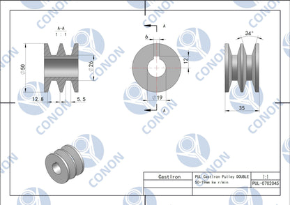 Double groove Pulley 50mm shaft size 19mm for electric motor Cast Iron Made