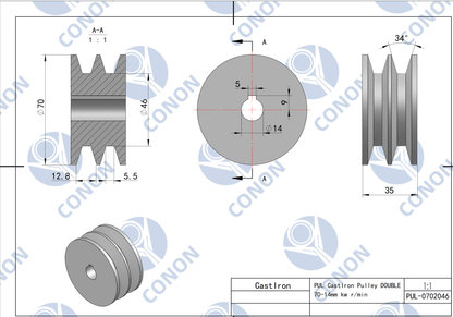 Double groove Pulley 70mm shaft size 14mm for electric motor Cast Iron Made
