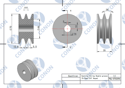 Double groove Pulley 70mm shaft size 5/8" 16mm bore Cast Iron screws V Section A