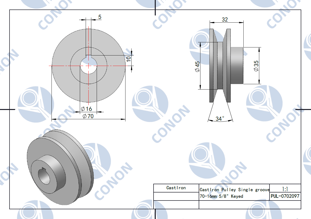 Single groove Pulley 70mm shaft size 5/8" 16mm bore Cast Iron screws V Section A