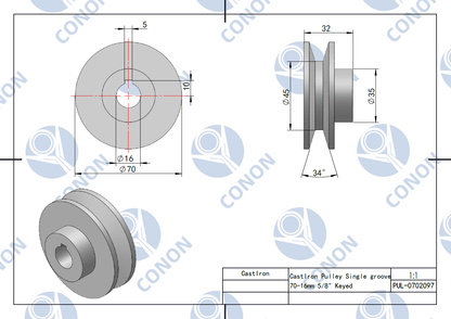 Single groove Pulley 70mm shaft size 5/8" 16mm bore Cast Iron screws V Section A
