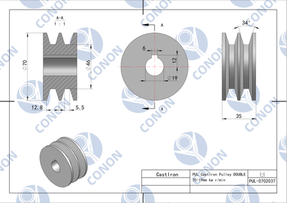 Double groove  Pulley 70mm shaft size 19mm for electric motor Cast Iron Made