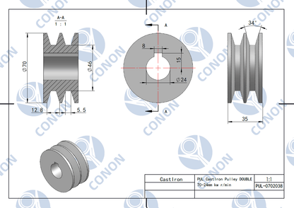 Double groove  Pulley 100mm shaft size 24mm for electric motor Cast Iron Made