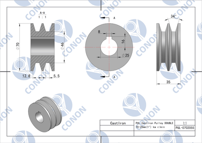 Double groove  Pulley 70mm shaft size 25mm for electric motor Cast Iron Made