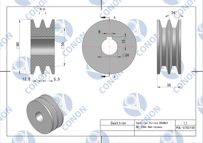Double groove  Pulley 80mm shaft size 24mm for electric motor Cast Iron Made