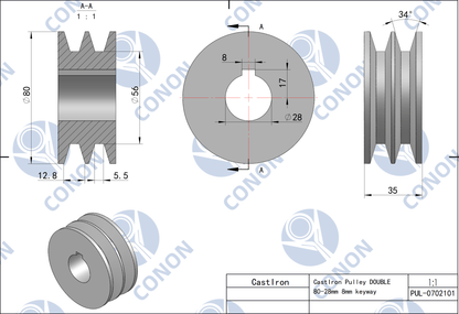 Double groove  Pulley 80mm shaft size 28mm for electric motor Cast Iron Made
