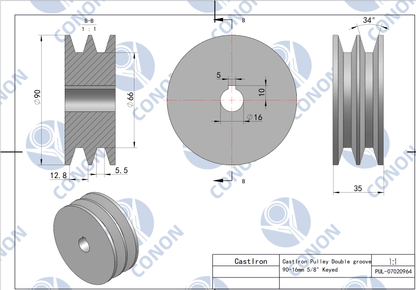Double groove Pulley 90mm shaft size 16mm for electric motor Cast Iron Made