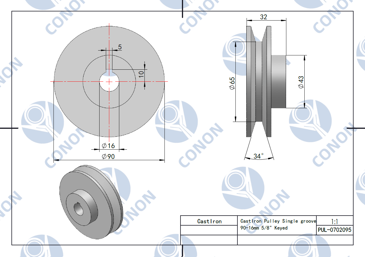 Single groove Pulley 90mm shaft size 5/8" 16mm bore Cast Iron screws V Section A