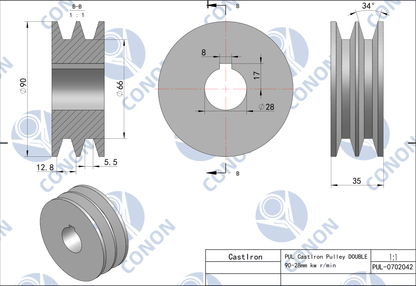 Double groove  Pulley 90mm shaft size 28mm for electric motor Cast Iron Made