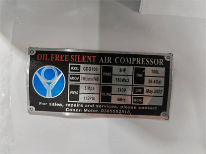 OIL FREE 2.2KW/3HP 100L 11CFM COMPRESSOR 8BAR/115PSI