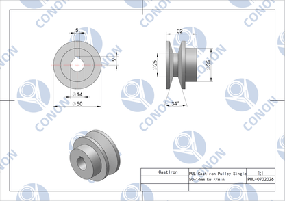 Single groove Pulley 50mm shaft size 14mm for electric motor Cast Iron Made