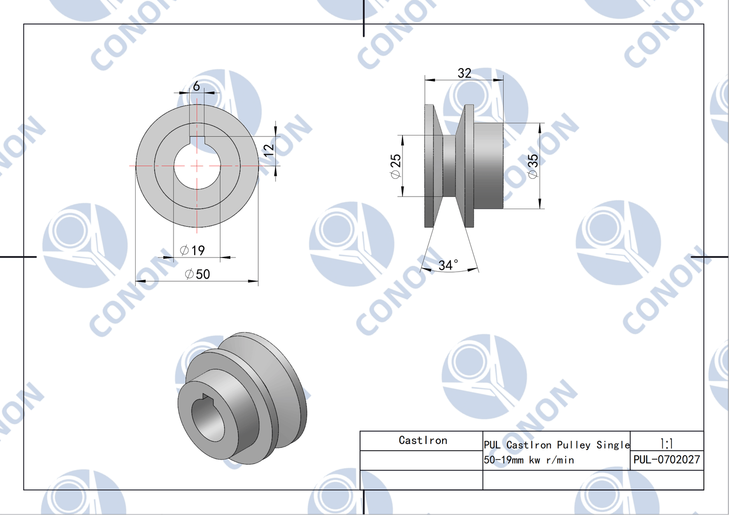 Single groove Pulley 50mm shaft size 19mm for electric motor Cast Iron Made
