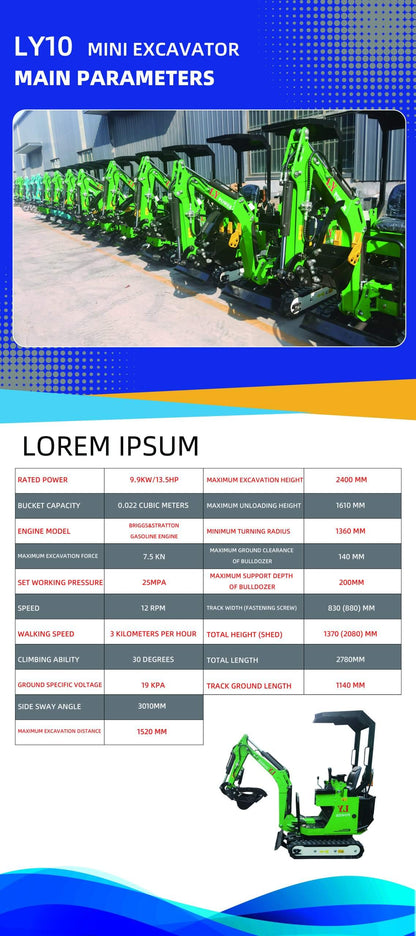 New MINI Excavator 1.0T Breton Gasoline Engine 13.5HP Green & Blue
