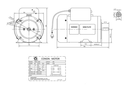 Single Phase NEMA Electric Motor 240V 1.1kW1.5HP 1400rpm FRAME 56 1Ph CSCR 5/8"