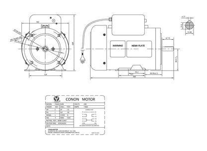 Single Phase NEMA Electric Motor 240V 1.5kW 2HP 1400rpm FRAME 56 1Ph CSCR 5/8"