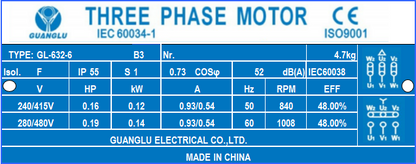 0.12kw/0.25hp 6 pole 960 rpm Electric motor 63 frame compressor