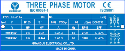 2 poles  0.37kw 0.5HP 2800rpm shaft 14mm Electric motor Three-phase 415v