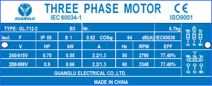 2 poles  0.55kw 0.75HP 2800rpm shaft 14mm Electric motor Three-phase 415v