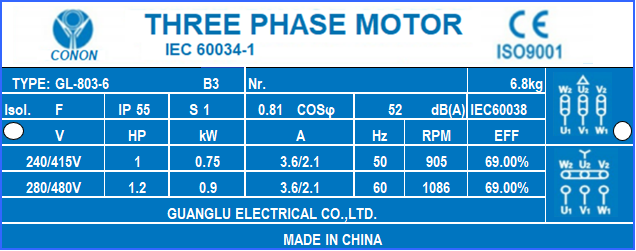 0.75kw/1hp 6 pole 960RPM Electric motor 80 frame compressor
