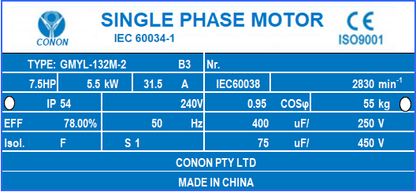 5.5kw 7.5HP 2800rpm shaft 38mm Electrical motor single-phase 240v