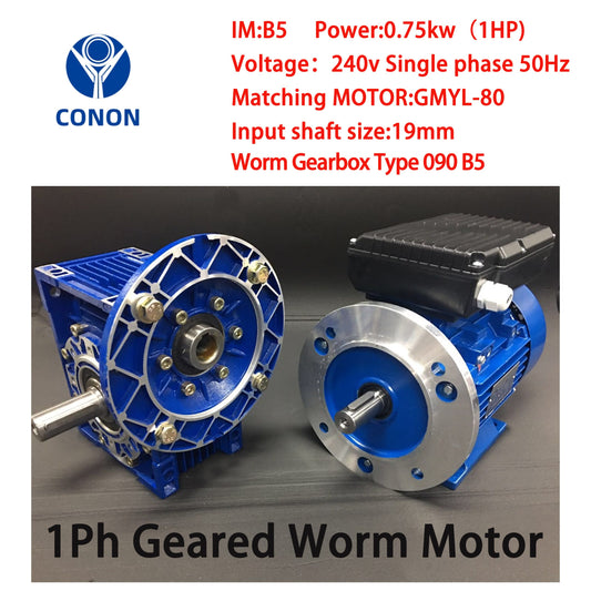 Single Phase 0.75kW 1HP 1400rpm Electric Motor & Worm Gearbox Type 090