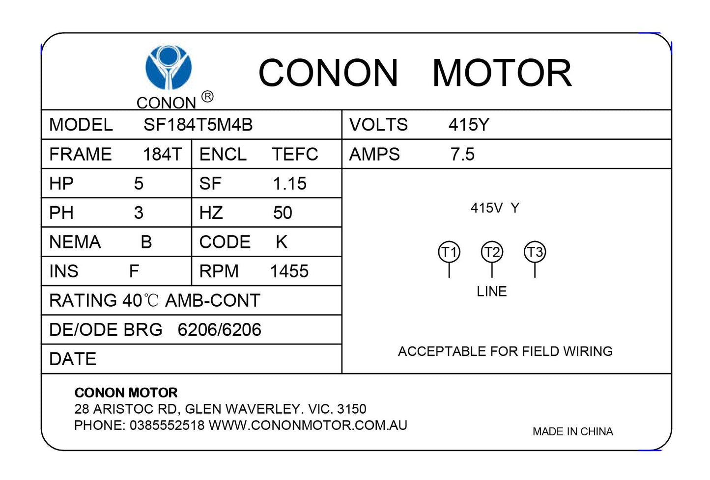 Three Phase NEMA Electric Motor 415V 3.7kw 5HP 1400rpm Frame 184T TEFC IP44