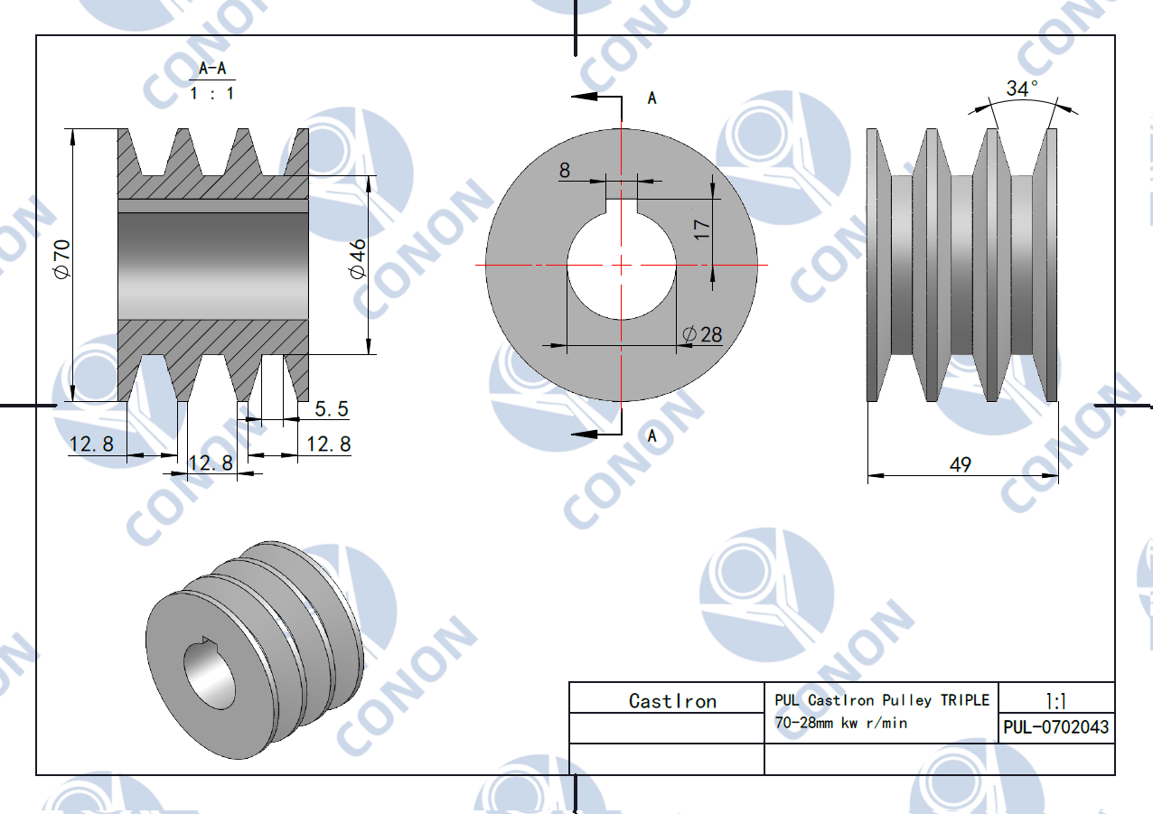 Cast Iron Triple Groove Pulley 70mm shaft size 28mm