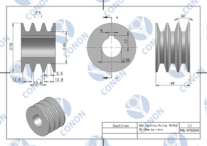 Cast Iron Triple Groove Pulley 70mm shaft size 28mm