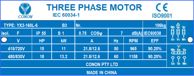 6 poles 11.0 kw 15HP 970rpm shaft 42mm Electric motor Three-phase 415V