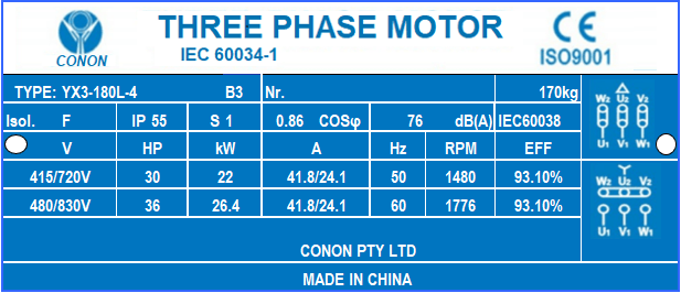 4 poles 22kw 30HP1400rpm shaft 48mm Induction Electric motor
