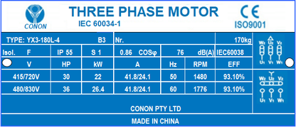 4 poles 22kw 30HP1400rpm shaft 48mm Induction Electric motor