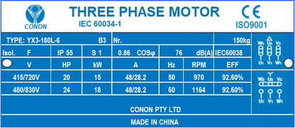 6 poles 15kw 20HP 980rpm shaft 48mm Electric motor Three-phase 415v