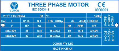 4 poles 18.5kw 25HP1400rpm shaft 48mm induction Electric motor 3 phase 415v compressor